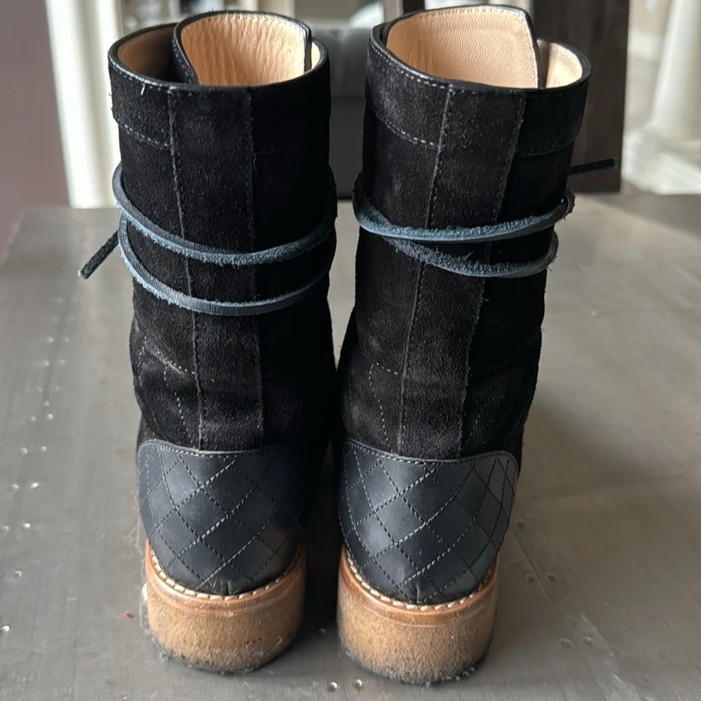 Chanel black suede combat military boot bootie lace up quilted Sz 38.5 w/ box